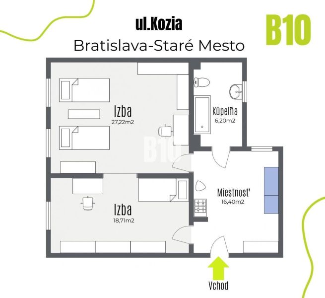 Floor plan of a 2-room apartment on Kozia Street in Bratislava-Old Town.