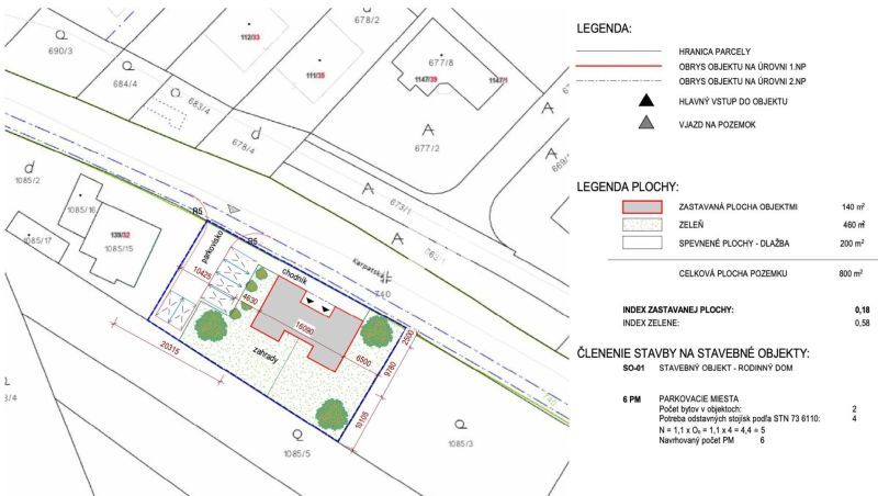 A plot plan for residential housing in Marianka with the marked building area for a family house.