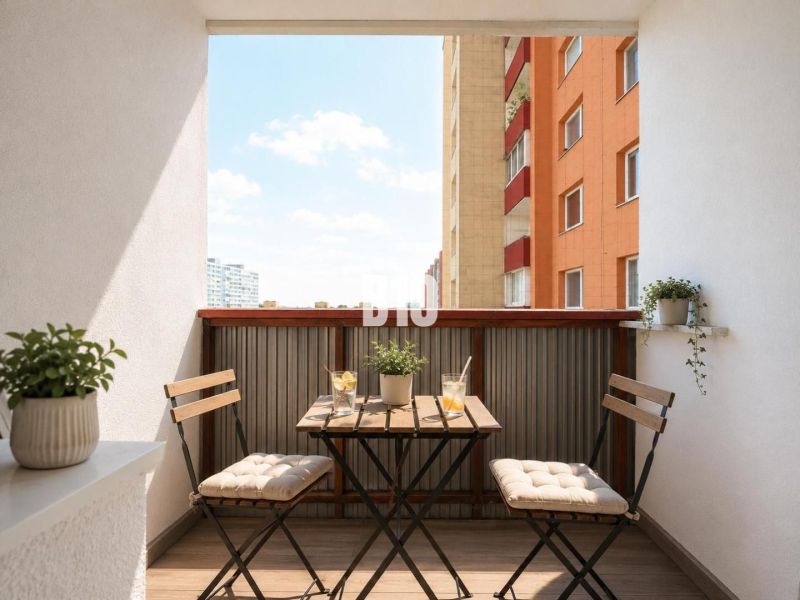 A balcony in a 3-room apartment in Bratislava V with seating, flowers, and a view of the sky.