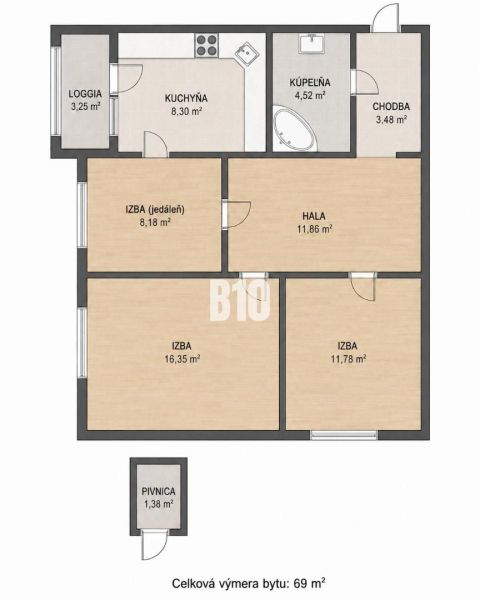 Floor plan of a 3-room apartment with a loggia, kitchen, bathroom, and cellar, without wooden decor.
