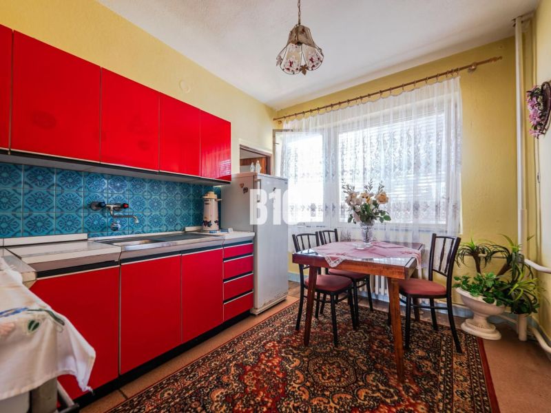 A kitchen in a family house with bright red cabinets and blue tiles.