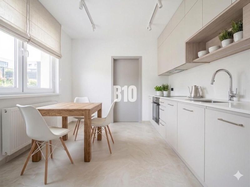 A kitchen in a 3-room apartment with a wooden decor floor and a wooden table.