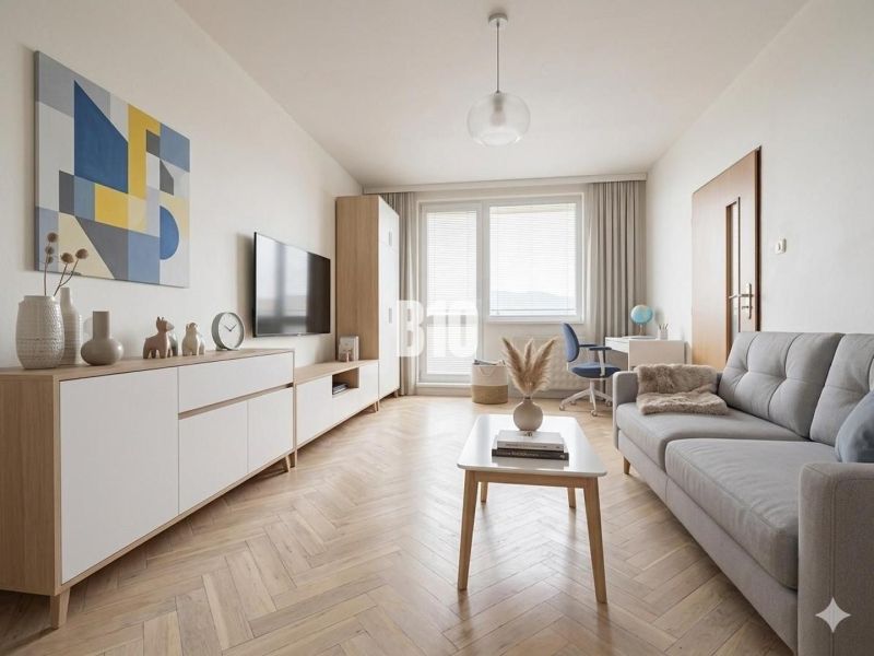 A bright living room in a three-room apartment with decorative elements, and a wooden decor floor.