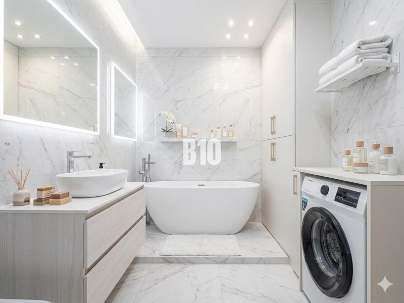 Stylish bathroom with a bathtub and washing machine in a 3-room apartment, white marble tiles.