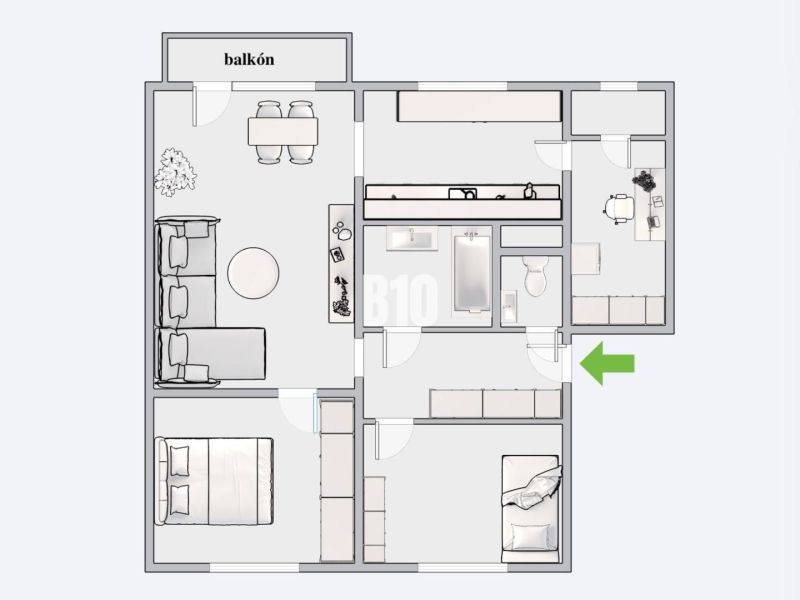 Floor plan of a 3-room apartment with a balcony, kitchen, bathroom, and living room.