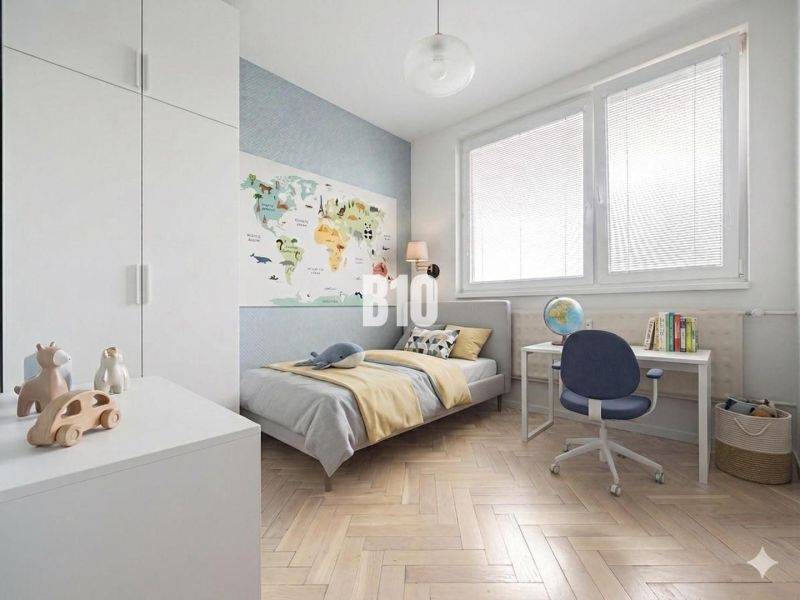 Children's room in a 3-room apartment with a wooden decor floor and a study desk.