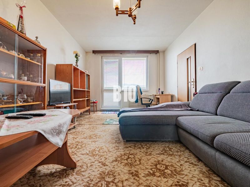 Living room with carpeted floor and gray sofa in a three-room apartment.