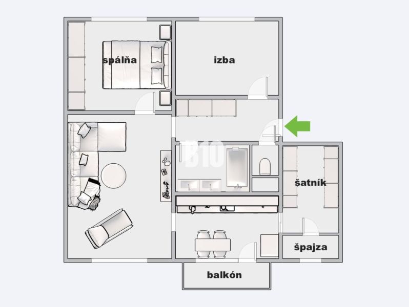 Floor plan of a 3-room apartment with a balcony, bedroom, room, pantry, and wardrobe.