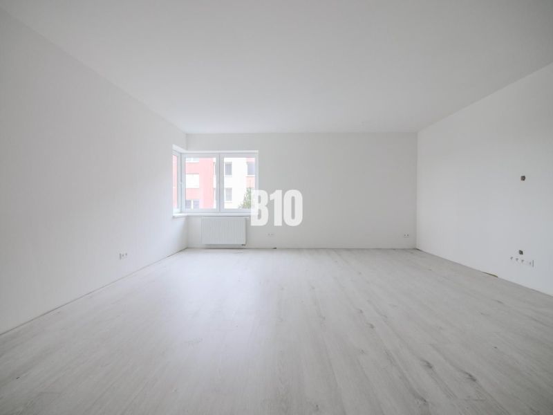 A spacious room in a one-bedroom apartment with a wood-decor floor and a large window.