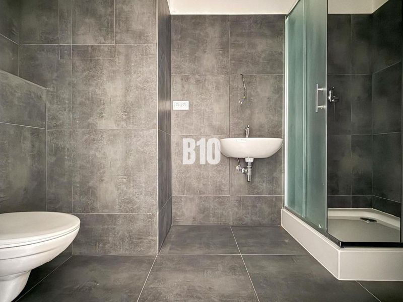 Bathroom in a 2-room apartment with a toilet, shower, and dark tiles.