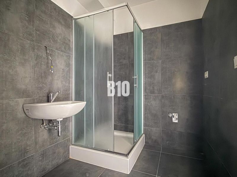 A bathroom with a shower and a sink in a 2-room apartment.