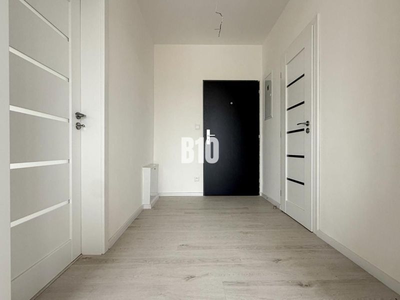 Entrance hallway in a 2-room apartment with wood-patterned flooring and white doors.