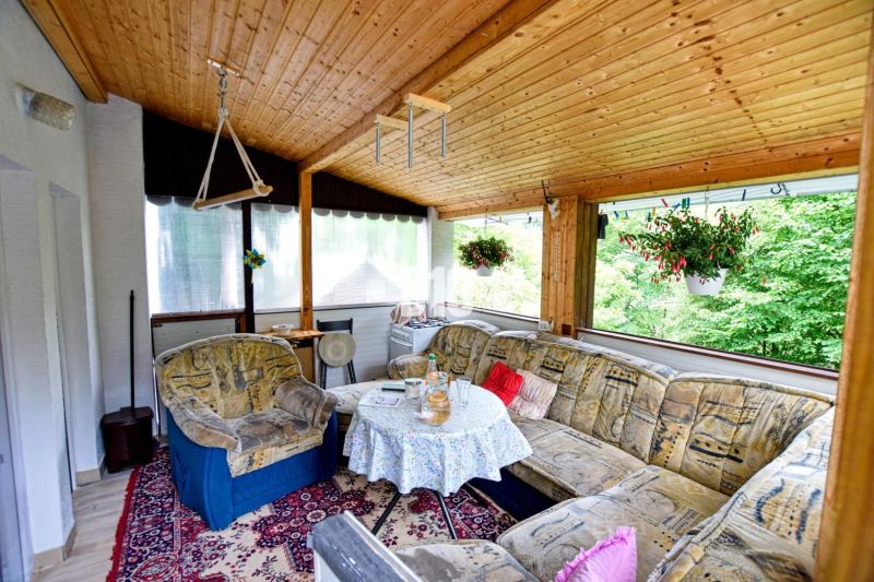 A veranda with sofas, flowers, and a wooden decor floor in Olešná.