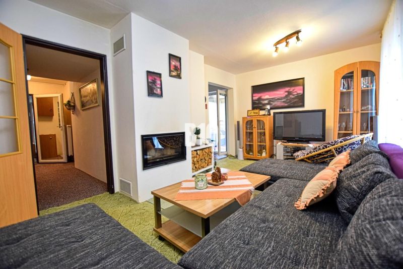 Living room of a cottage with a comfortable sofa, fireplace, and television.