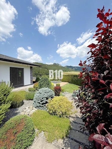 The exterior of a family house in Súľov-Hradná, a landscaped garden with a view of the mountains.