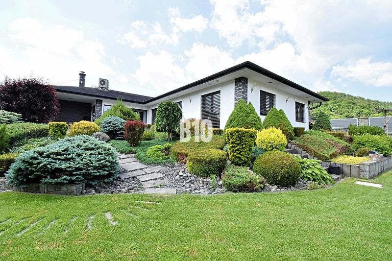 A family house in Súľov-Hradná with a well-maintained garden and a stone walkway.