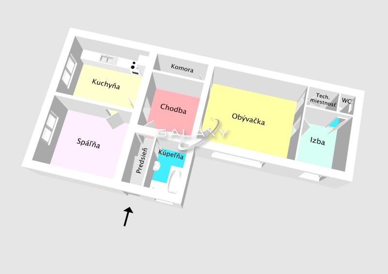Floor plan of a family house with a kitchen, living room, bedroom, and other rooms.