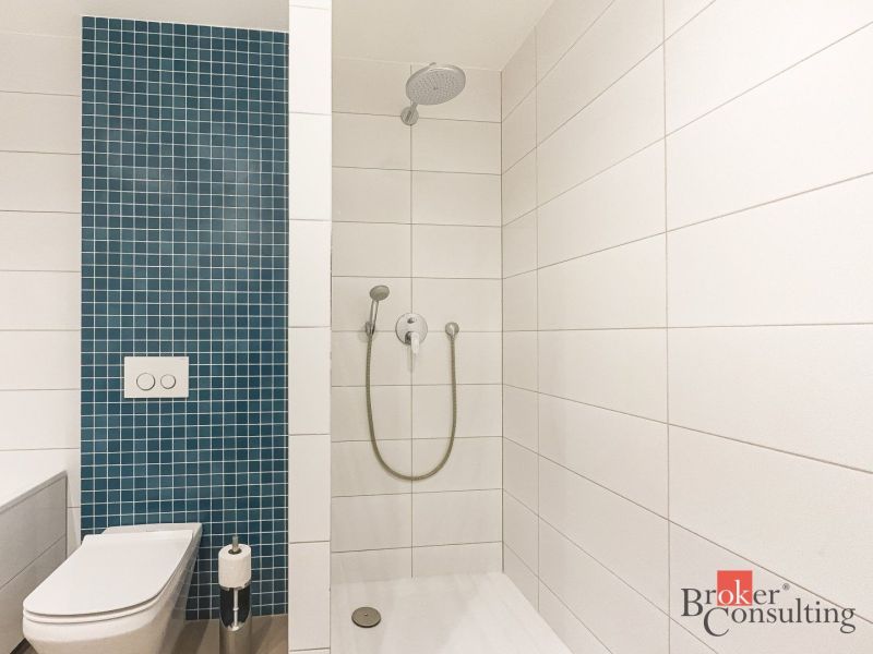 A bathroom in a 2-room apartment with a shower, white and blue tiles.