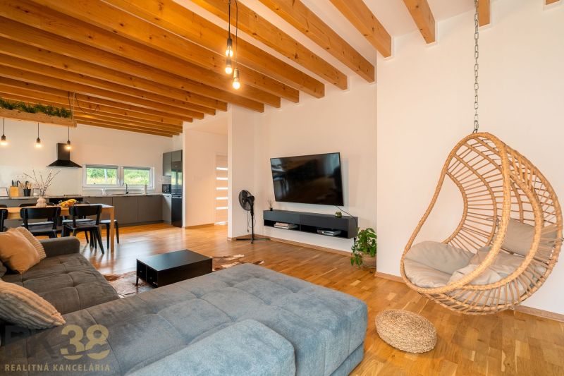 Living room in a 4-room apartment with a sofa, wood-patterned floor, and a hanging chair.
