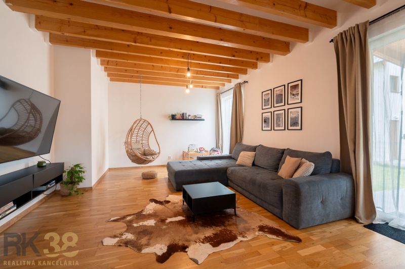 Living room in a 4-room apartment with a wooden decor floor and a hanging chair.