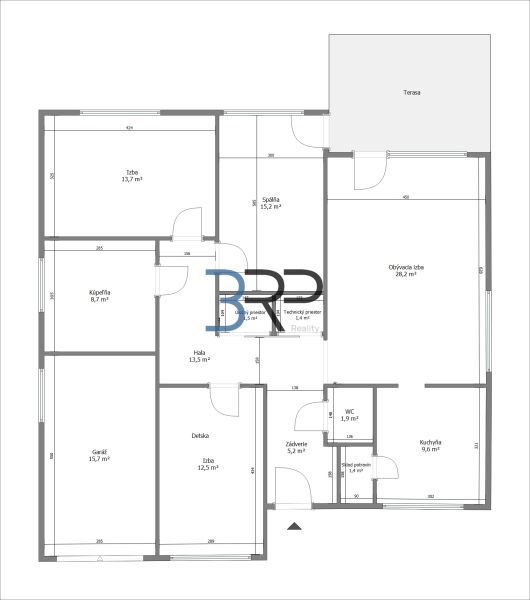 Floor plan of a family house with a room, kitchen, bathroom, and terrace.