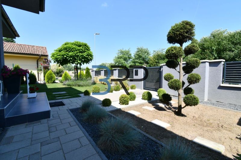 A garden at a family house in Šajdíkové Humence with landscaped greenery and paving.