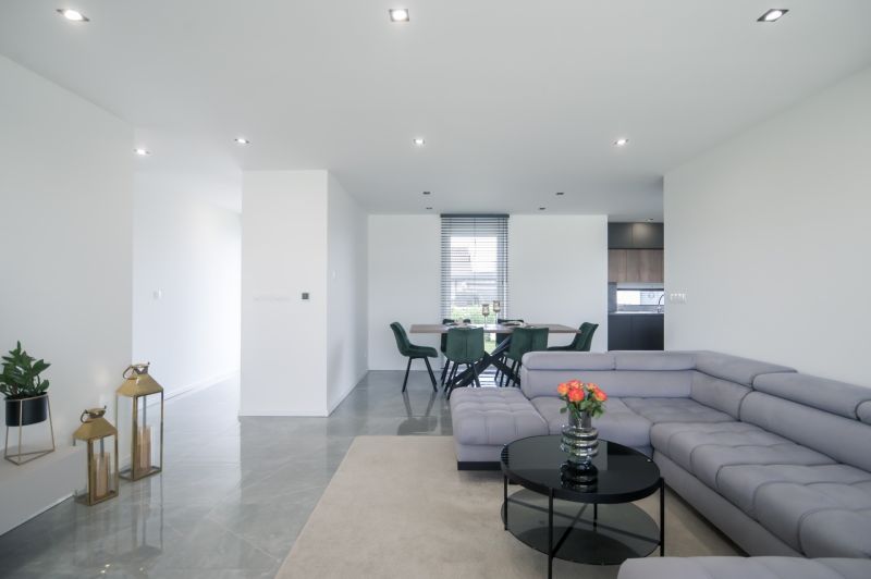 Living room with a comfortable sofa and a dining table in a family house.