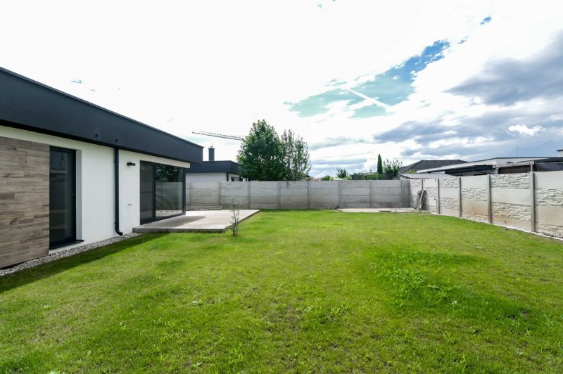 Garden at a family house in Košúty with a lawn and a concrete fence.