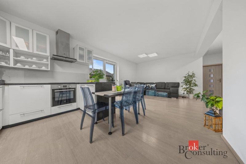 Kitchen and living room in a family house with a wooden decor floor, modern furniture, plants.