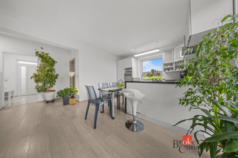 Living room with kitchen, wooden decor flooring, plants, dining table, family house.
