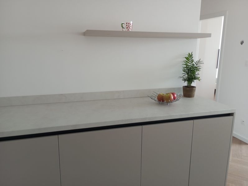 A kitchen in a 2-room apartment with drawers, a counter, and decorative greenery.