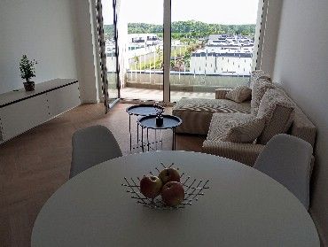 Living room in a two-room apartment with a wooden decor floor and a balcony.