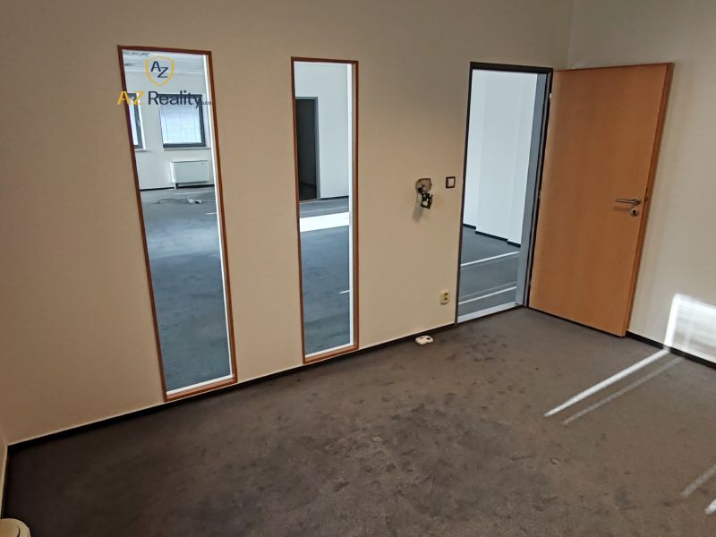 Offices with carpeted floors, a mirrored wall, and wooden doors.