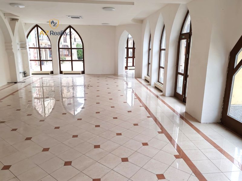 Interior of commercial spaces with arched windows and a glossy floor with decor.