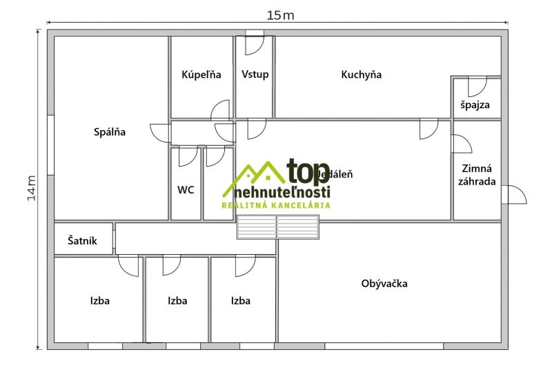 The floor plan of the family house in Chrabrany shows the layout with five rooms and a walk-in closet.
