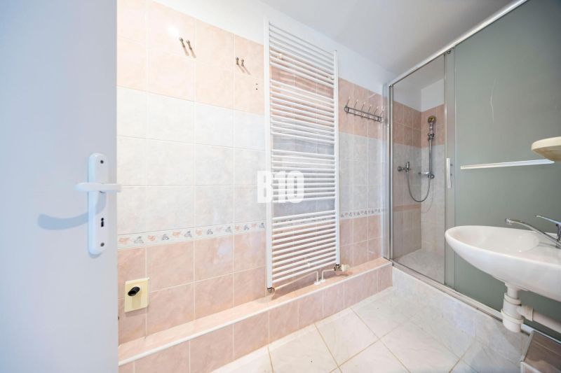 Bathroom in a 2-room apartment with a sink, shower corner, and ladder radiator.