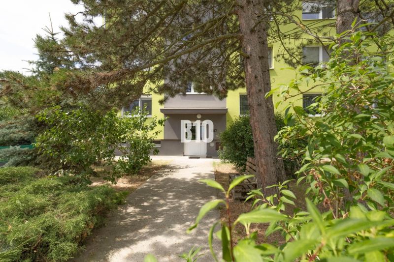 Entrance to the apartment building on Družstevná Street in Malinovo, surrounded by greenery.