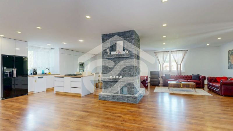 Living room with kitchen and fireplace, wooden decor flooring in a family house.