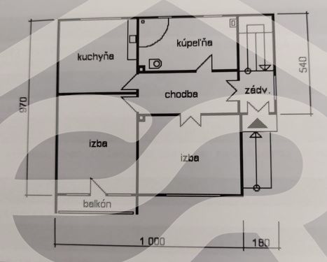 Floor plan of a family house with a kitchen, bathroom, two rooms, and a balcony.