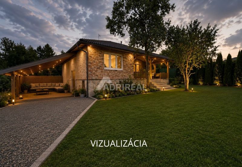 A family house in Ružiná with a terrace, lighting, and landscaped greenery in the garden.