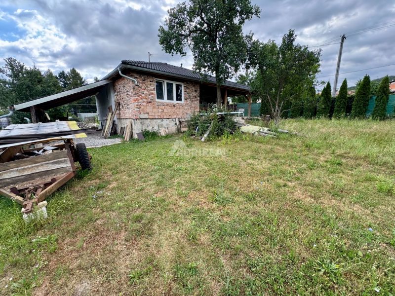 A family house in Ružiná with unplastered walls surrounded by a grassy garden and trees.