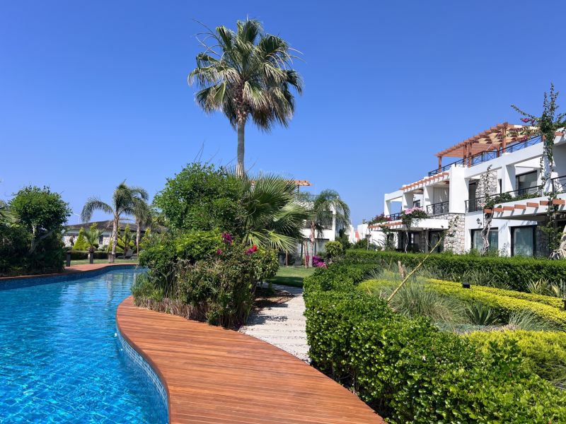 Residential complex with a pool and palm trees in Agia Eirini, surrounded by lush greenery.