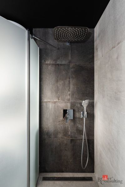A shower enclosure in a 2-room apartment with walls in dark shades and a glass screen.