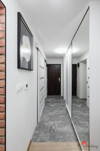 Hallway with entrance door, large mirror, tiles, and decorative cladding in a 2-room apartment.