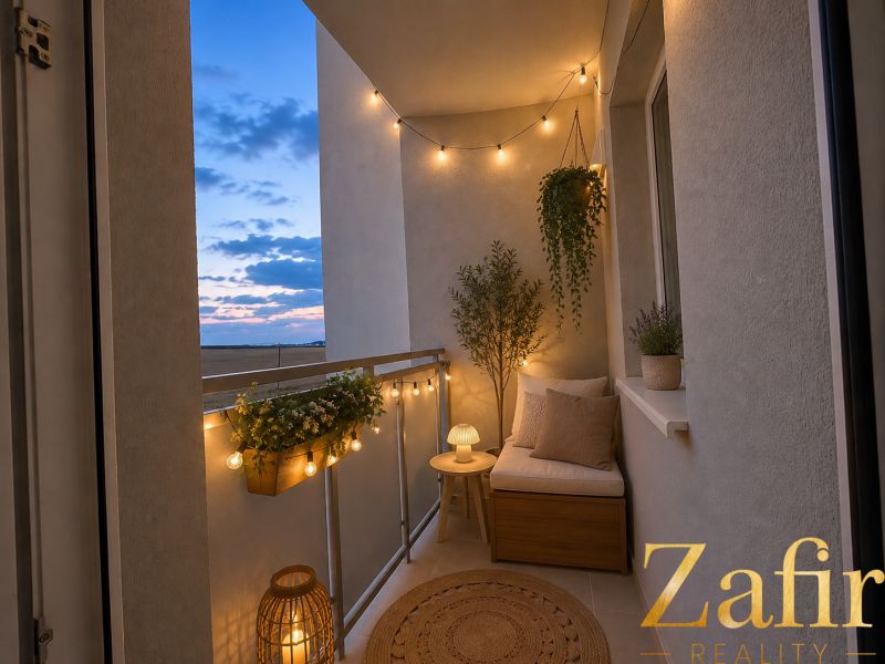 A balcony in a one-room apartment with soft lighting and plants, evening views.
