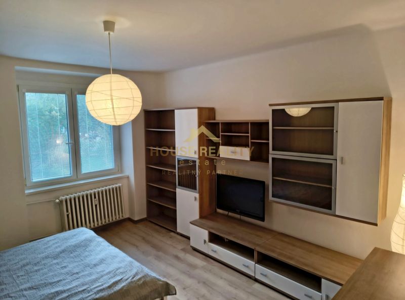 A studio apartment with a wood-patterned floor, furniture, and a large window.
