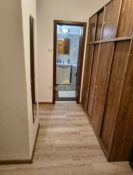 A narrow entrance area with a wooden decor floor and built-in wardrobes in a studio apartment.