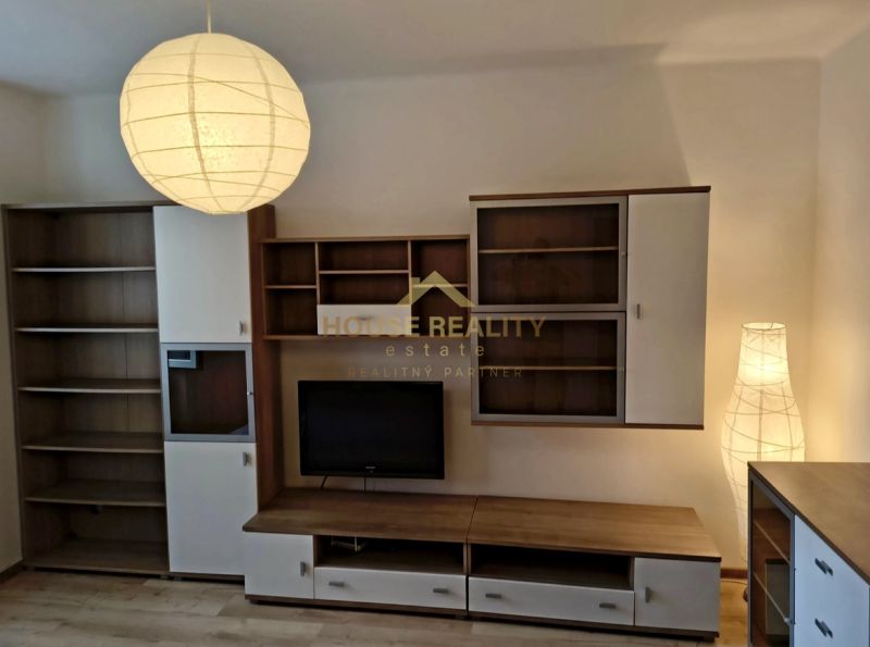 Living room in a studio apartment with furniture and a television on a wooden floor.
