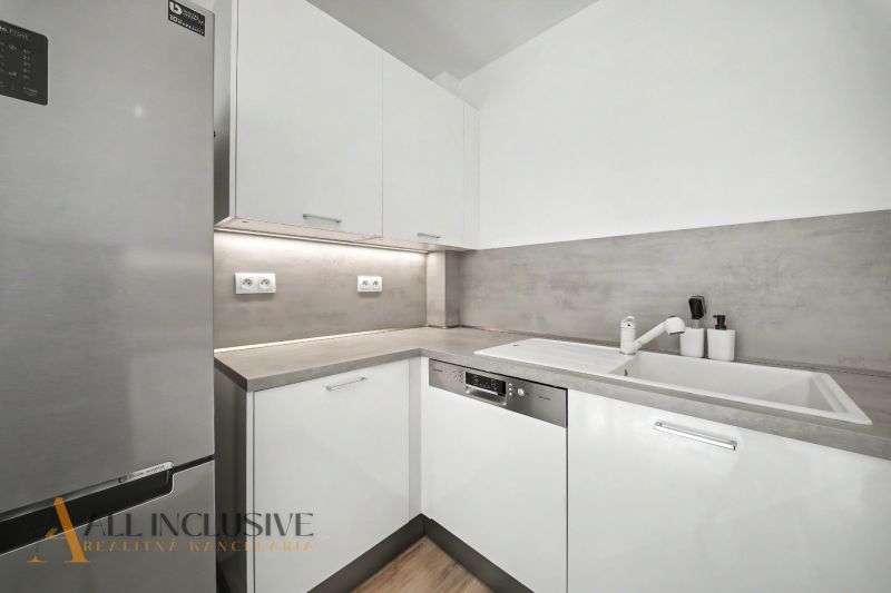 Kitchen section in a 2-room apartment with white cabinets and a wooden decor floor.