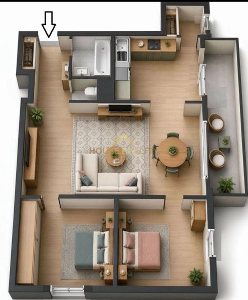 Floor plan of a 3-room apartment with wood-patterned flooring and a balcony.